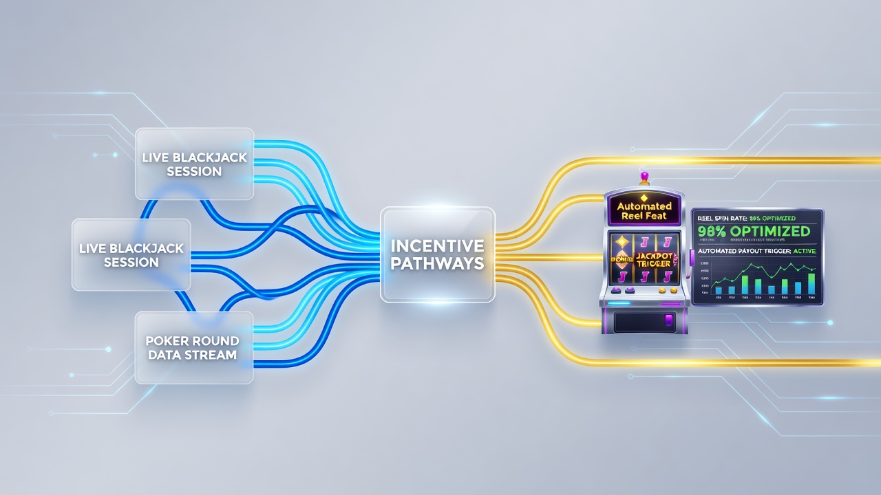 Illustration von Transaktionskanälen und Anreizverknüpfungen zwischen Live-Tischen und automatisierten Reels in mobilen Apps