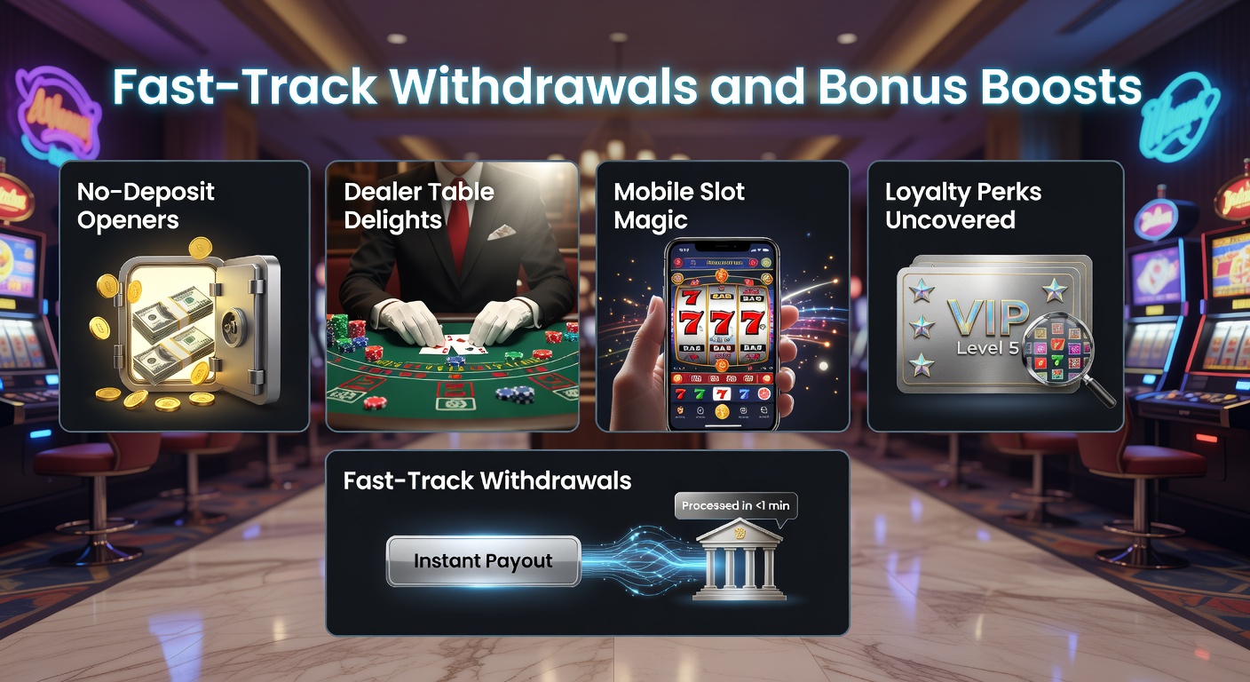 Dynamische Grafik mit Symbolen für schnelle Auszahlungen, Boni ohne Einzahlung und mobile Slots in Online-Casinos